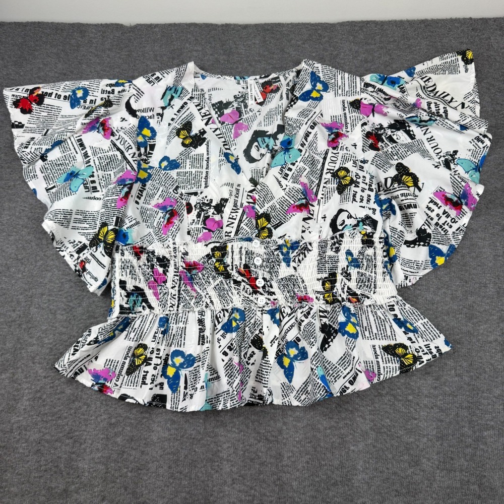Live 4 Truth Newspaper Print Blouse Womens 1X White Butterfly Peplum Top